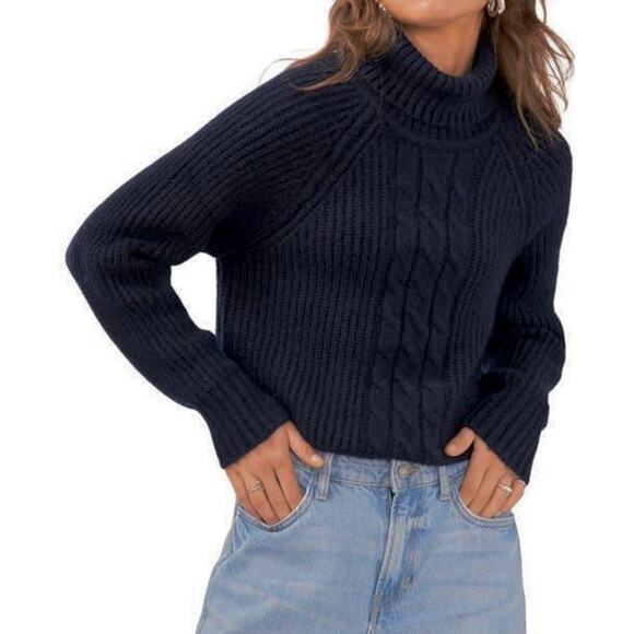 1.State Cable Knit Long Sleeve Turtleneck Sweater Back-Cutout Black Small NWT - Picture 1 of 14